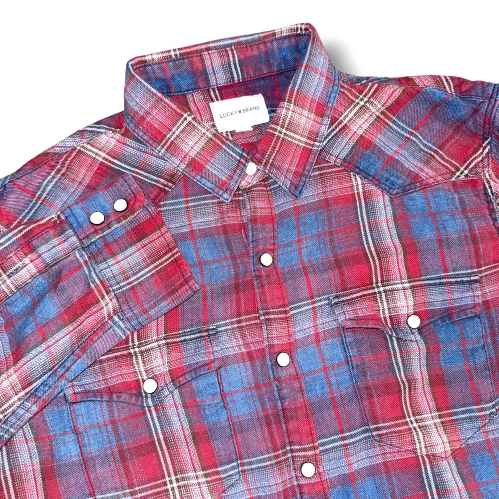 Lucky Brand Western Shirt Mens M Red Blue Plaid Pearl Snap Flannel Long Sleeve